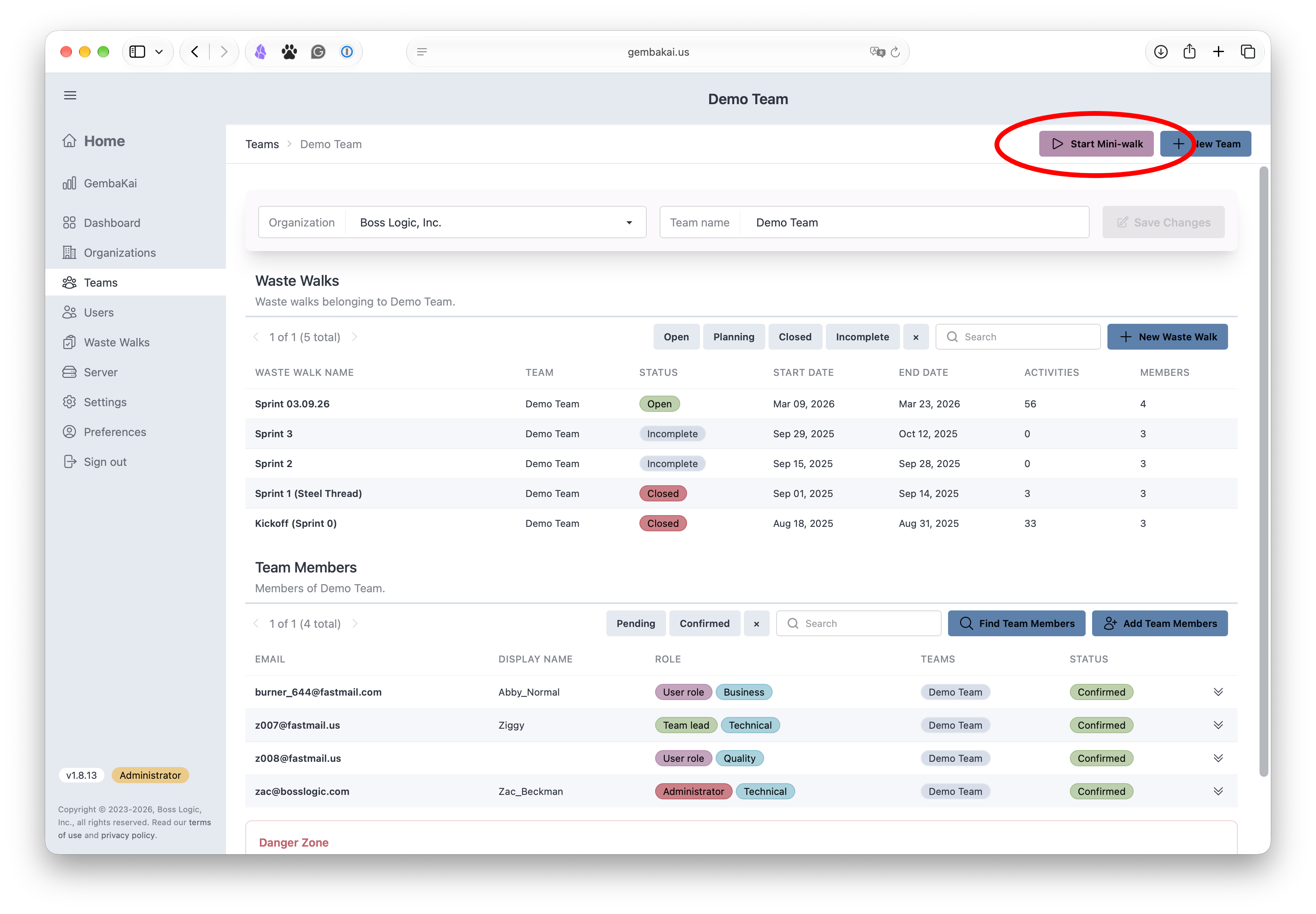 The team page with the Start Mini-walk button highlighted
