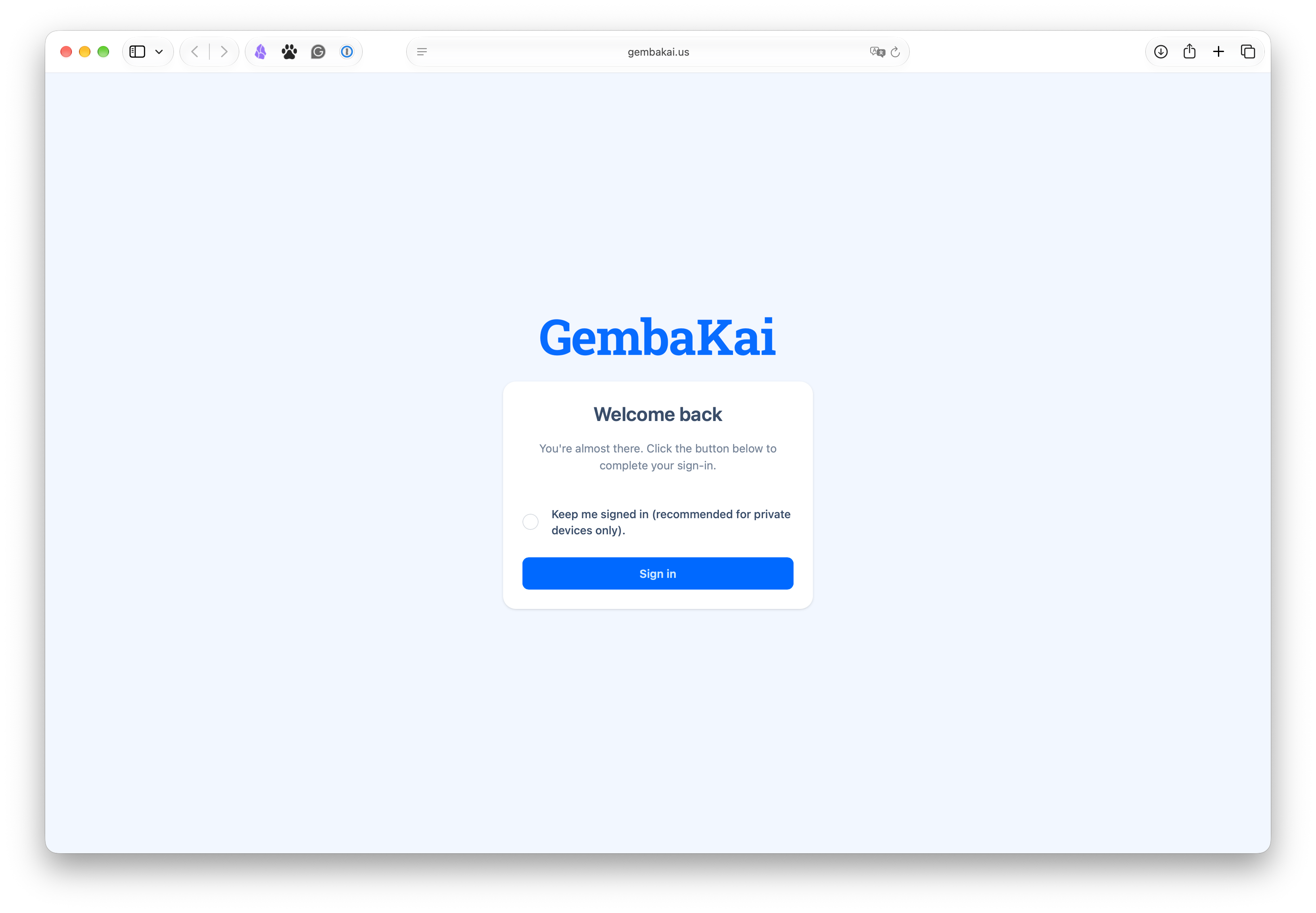 The Welcome back screen that completes a magic-link sign-in